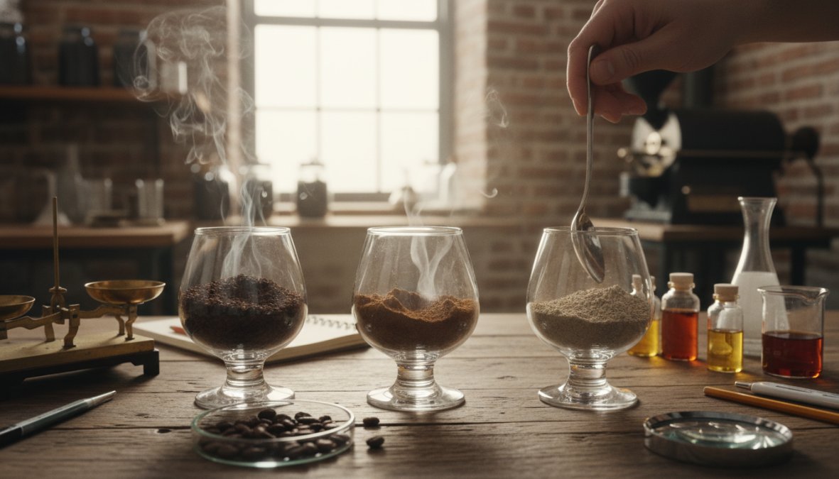 Close-up of freshly roasted whole coffee beans spilling from a kraft paper bag onto a wooden surface, with a soft warm glow and visible steam suggesting fresh aroma