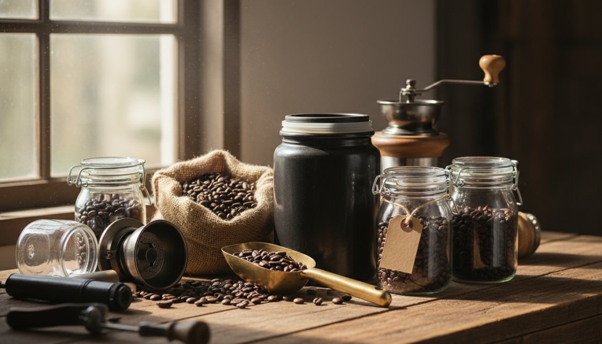 An airtight glass jar filled with whole coffee beans sitting on a kitchen counter next to a small manual burr grinder, with soft natural light coming through a nearby window