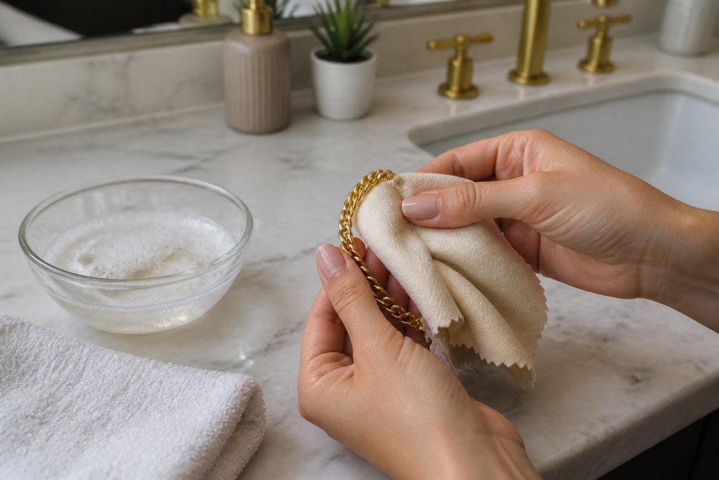 Hands gently polishing a gold plated jewelry bracelet with a soft cloth on a marble countertop.