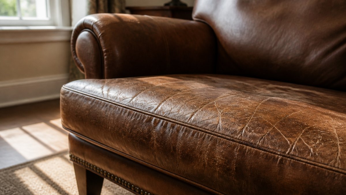Close-up of a worn brown leather armchair with visible fine cracks along the seat edge, positioned near a sunny window in a cosy living room