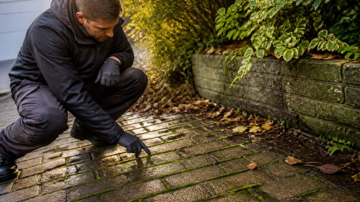 Green driveway moss growing between block paving joints near a damp garden wall with fallen leaves.
