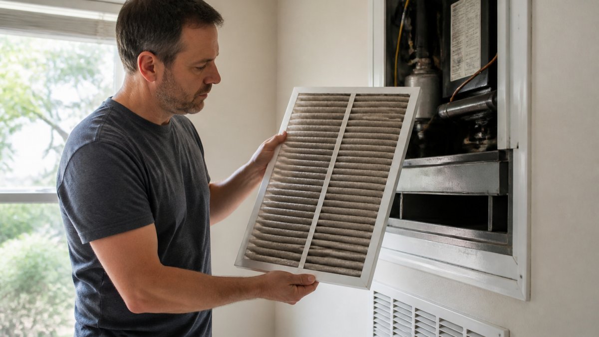 Homeowner in casual clothing holding a white pleated air filter next to an HVAC indoor unit mounted on a wall, examining the dirty filter against natural window light