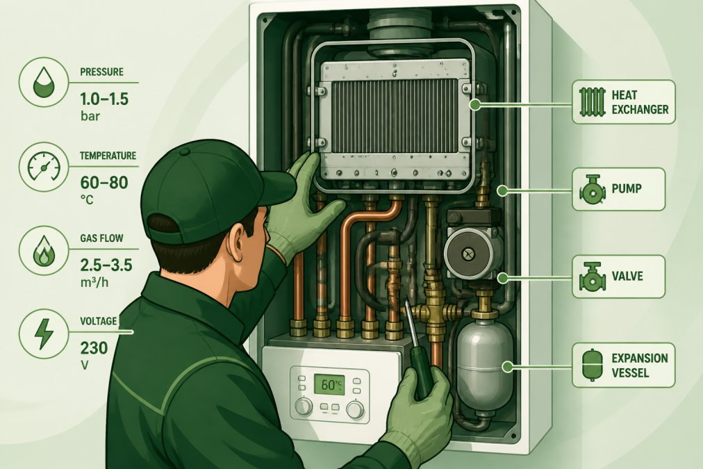 Close-up of a technician's hands inspecting the internal components of an open boiler, showing the heat exchanger and copper pipes during a maintenance check in a home setting