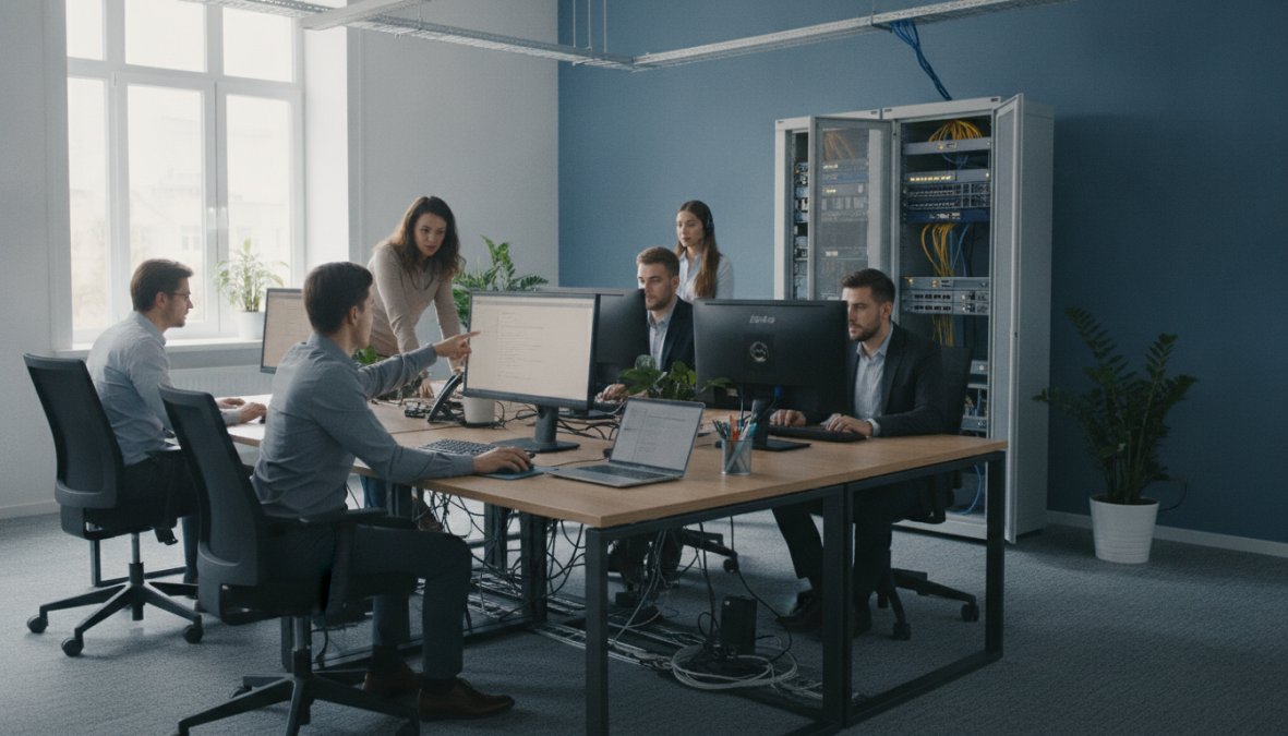 Business team collaborating at modern office desks with multiple computer monitors and IT infrastructure visible, natural daylight from large windows