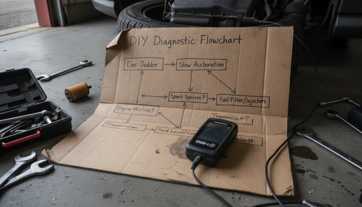 A mechanic in a blue uniform connecting an OBD-II scanner to a vehicle's diagnostic port under the dashboard, with the scanner's screen showing live data readouts, workshop lighting overhead