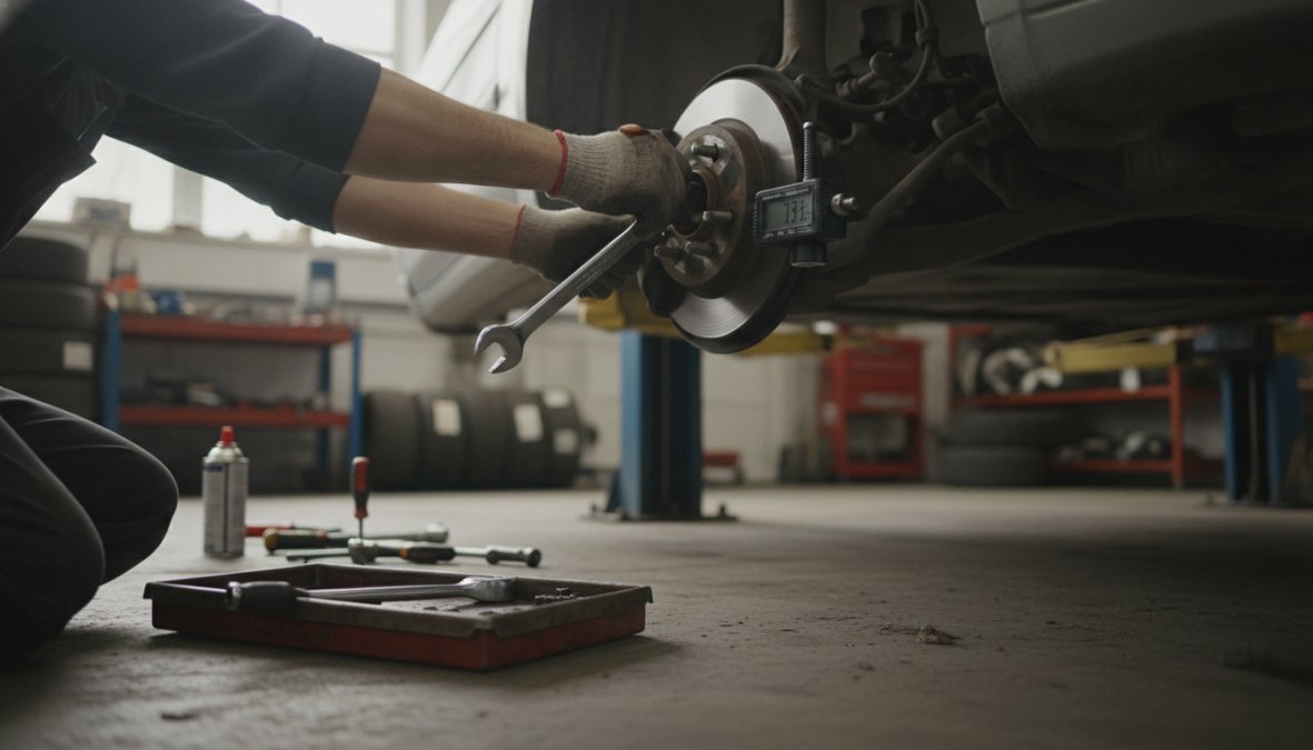 Close-up of a mechanic's gloved hands using a tyre pressure gauge on a front wheel of a raised car in a well-lit workshop, with a floor jack and tools visible nearby