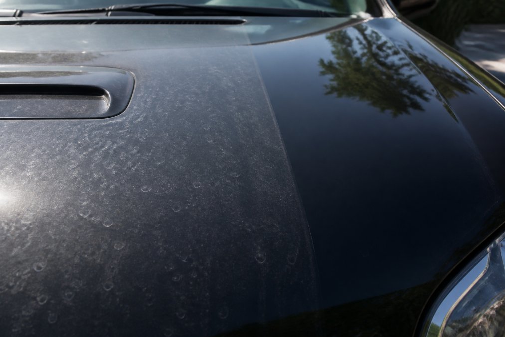 Infographic comparing glossy and hazy car paint to show why does my ceramic coating look dull from surface buildup.