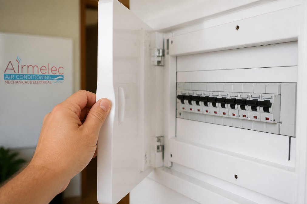 Step-by-step diagram showing how to reset a circuit breaker trip safely at the electrical panel box.