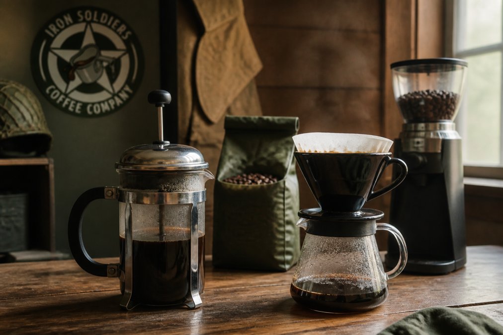 French press and pour-over setup on a counter, helping explain why does my coffee taste bitter after brewing.