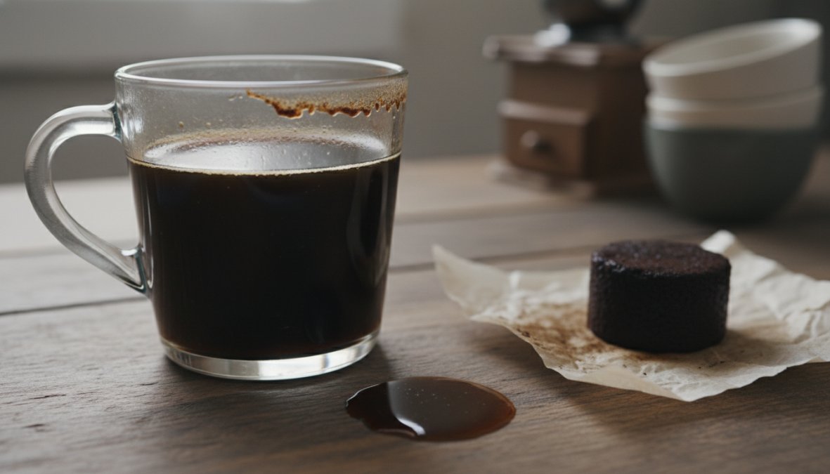 Close-up of two side-by-side espresso shots in small glass cups on a worn wooden surface, one with a rich golden-brown crema and one with a very dark, thin, nearly black appearance with dry [coffee](/blog/fresh-coffee-beans-for-sale) grounds scattered nearby, under warm overhead lighting
