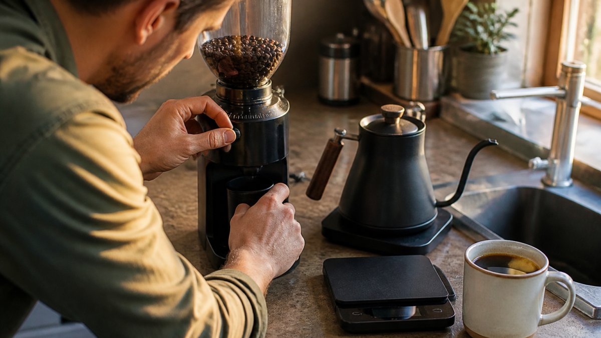 Hands adjusting a burr grinder setting next to a scale and kettle to fix bitter coffee brewing issues