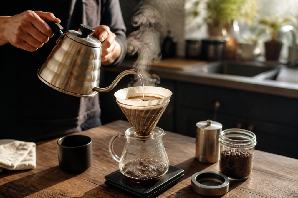Hands pouring hot water from a gooseneck kettle into a coffee dripper to prevent bitter coffee.