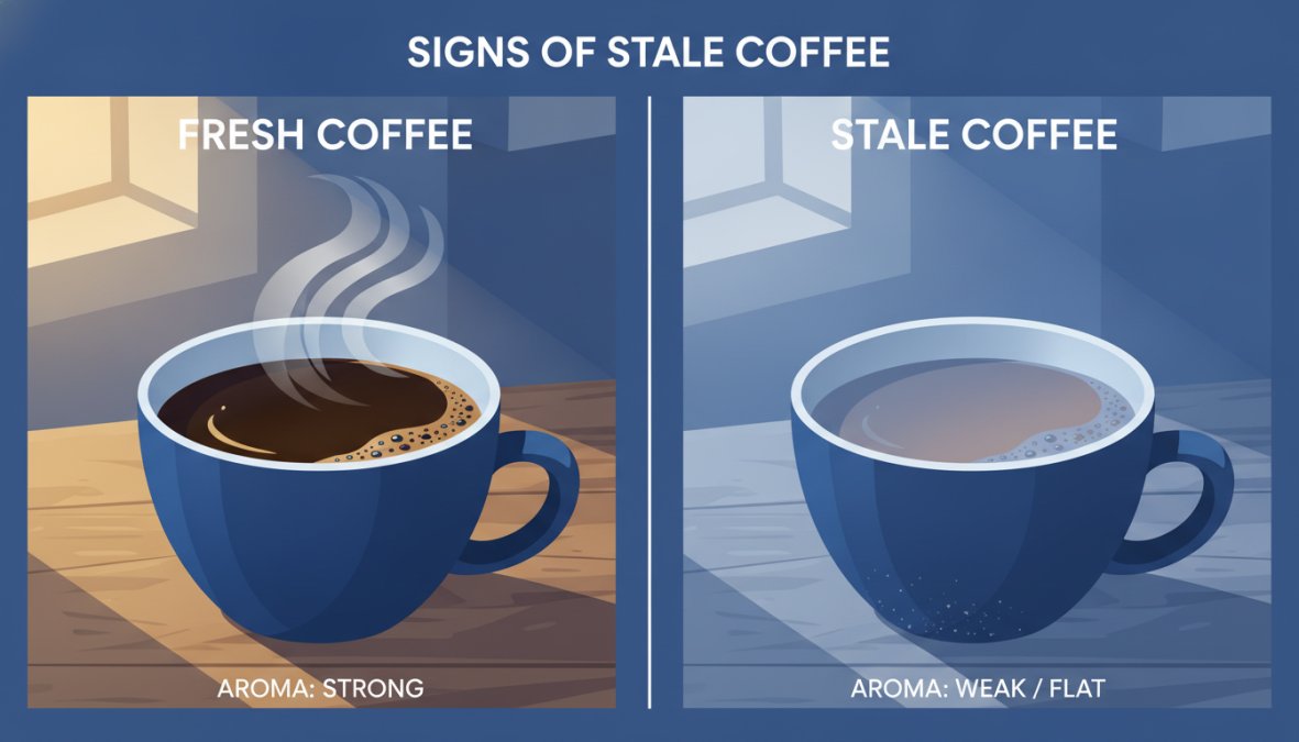Close-up of two side-by-side coffee cups on a worn wooden table, one with rich dark coffee and visible rising steam, the other looking flat and pale with no steam, shot in warm natural morning window light