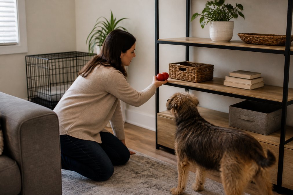 Owner placing a toy on a shelf to prevent dog chew furniture damage while the pet watches from nearby.