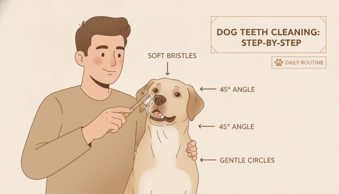 Owner gently brushing a dog's teeth with a soft toothbrush, showing proper technique and the dog's calm demeanor in natural lighting