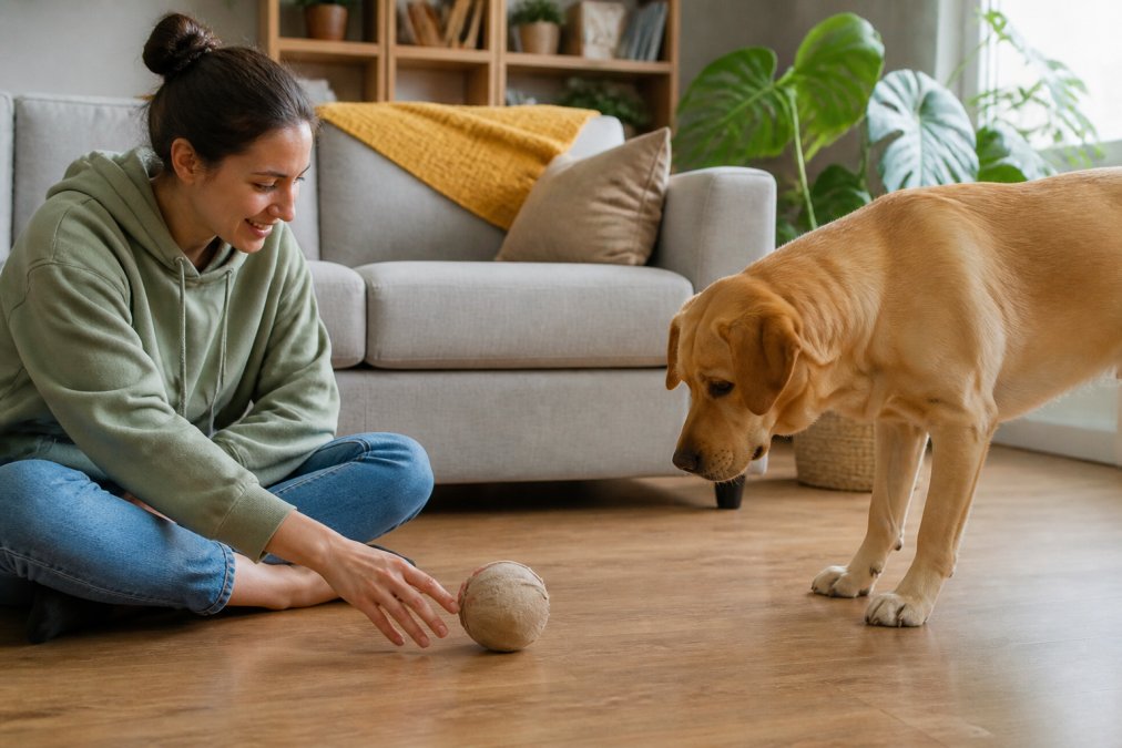 A person sitting cross-legged on a living room floor gently rolling a canvas toy toward a curious dog, both relaxed and engaged, soft natural light from a window