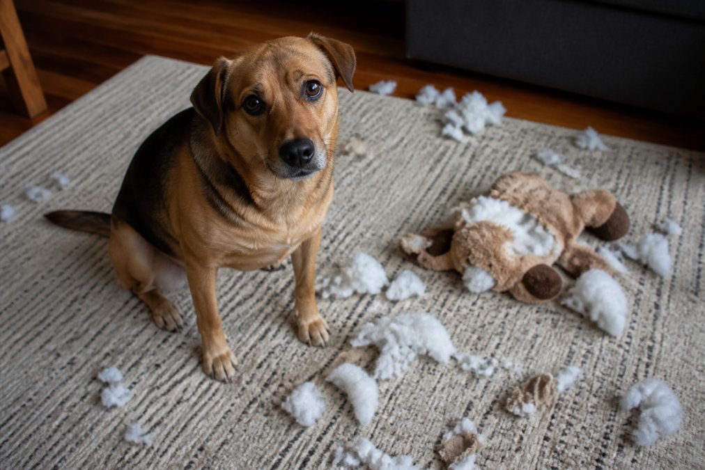 A medium-sized dog sitting on a living room rug, surrounded by the fluff and fabric scraps of a torn-up stuffed toy, looking up at the camera with a guilty expression