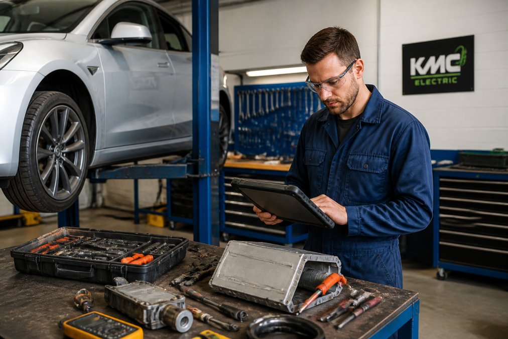 A mechanic in blue overalls using a diagnostic tablet next to an electric car raised on a ramp in a clean UK workshop, with tools visible in the background