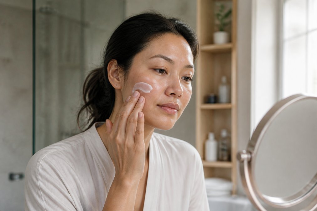 A woman in her thirties sitting at a bathroom vanity applying a small amount of white moisturizer to her cheek with her fingertips, soft natural window light, calm and unhurried expression