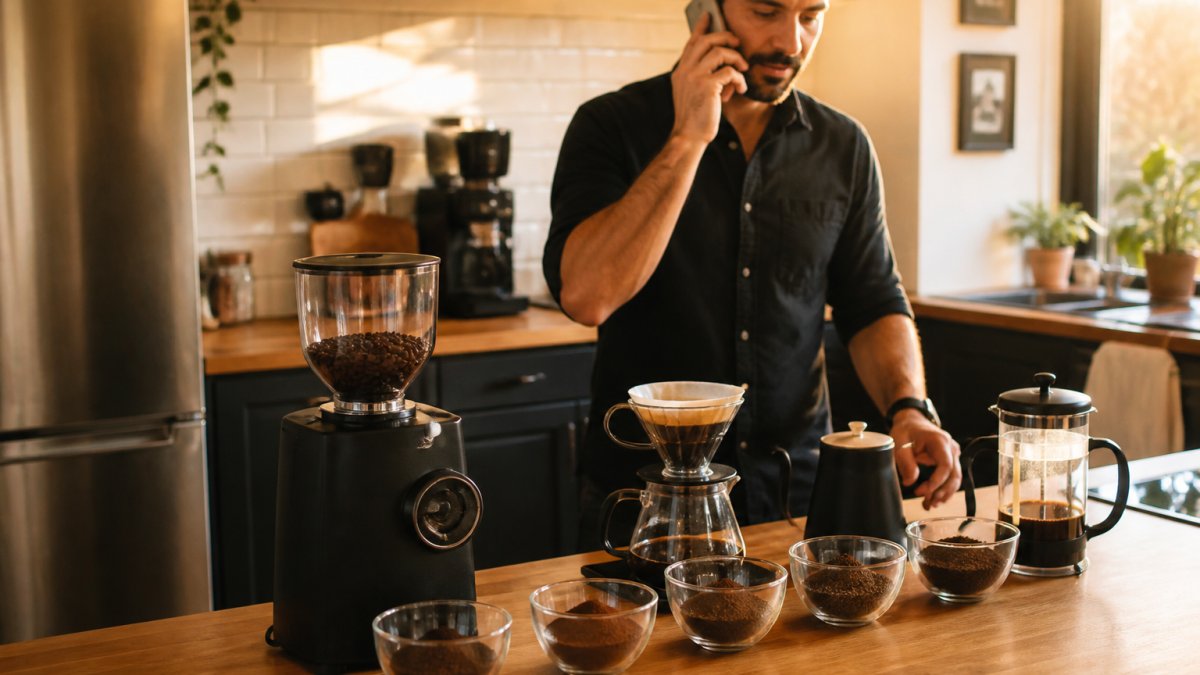 Burr grinder and bowls of coffee grounds ranging from fine to coarse on a wooden kitchen counter with brewing gear