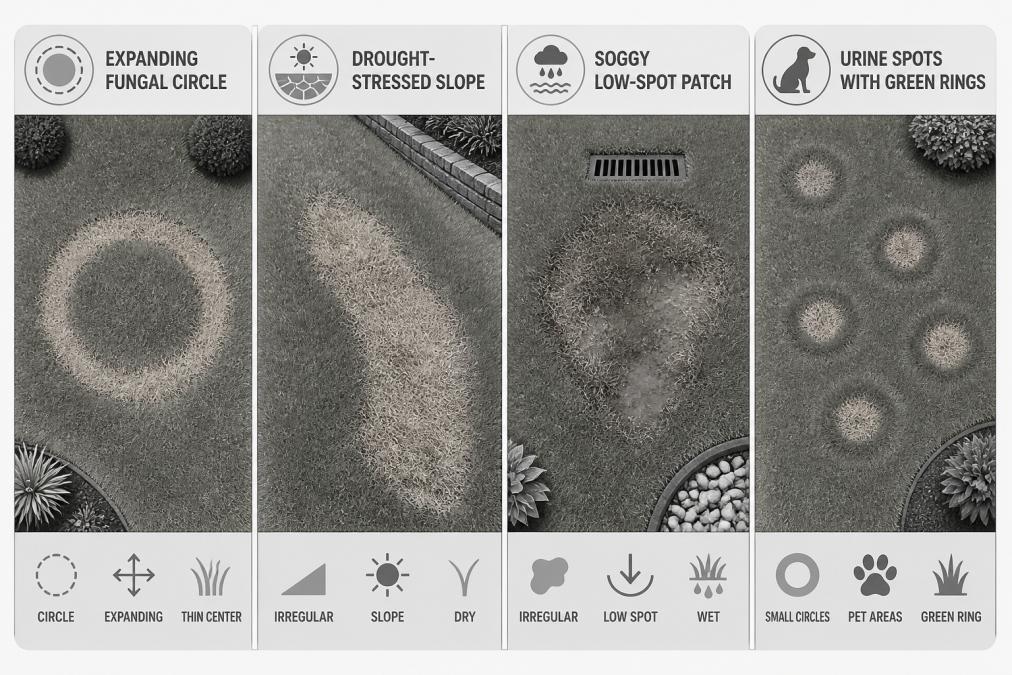 Infographic comparing four lawn brown patch patterns to help you diagnose why does my lawn have brown patches.