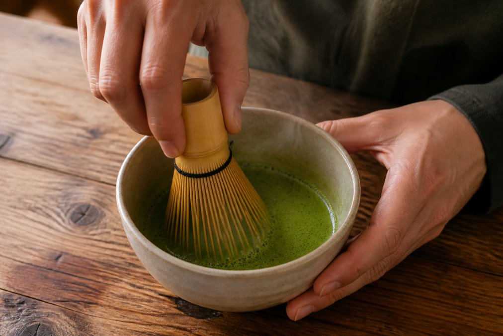 Close-up of hands holding a bamboo whisk whisking vibrant green matcha in a ceramic bowl, with steam rising gently, on a wooden table