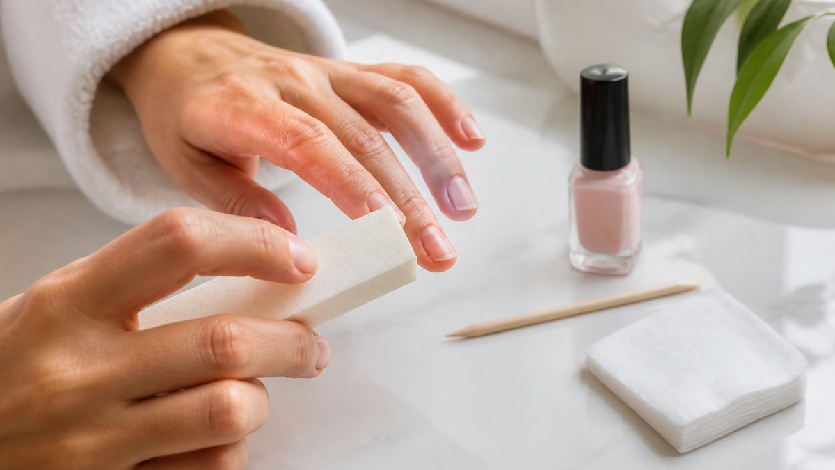Close-up of hands using a nail buffer and lint-free wipe on bare nails at a bright vanity, with a bottle of polish and cuticle stick nearby