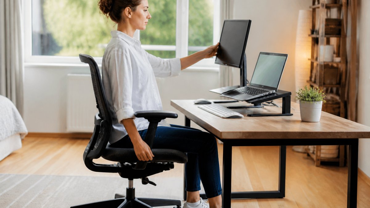 Person adjusting their office chair and monitor height at a tidy desk with feet flat on the floor