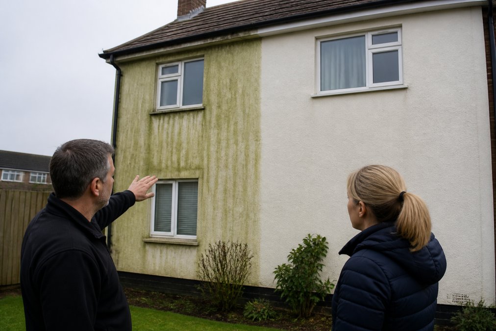A two-storey UK home with green algae streaking down the render on the north-facing wall, contrasted with a clean section nearby, photographed on an overcast day