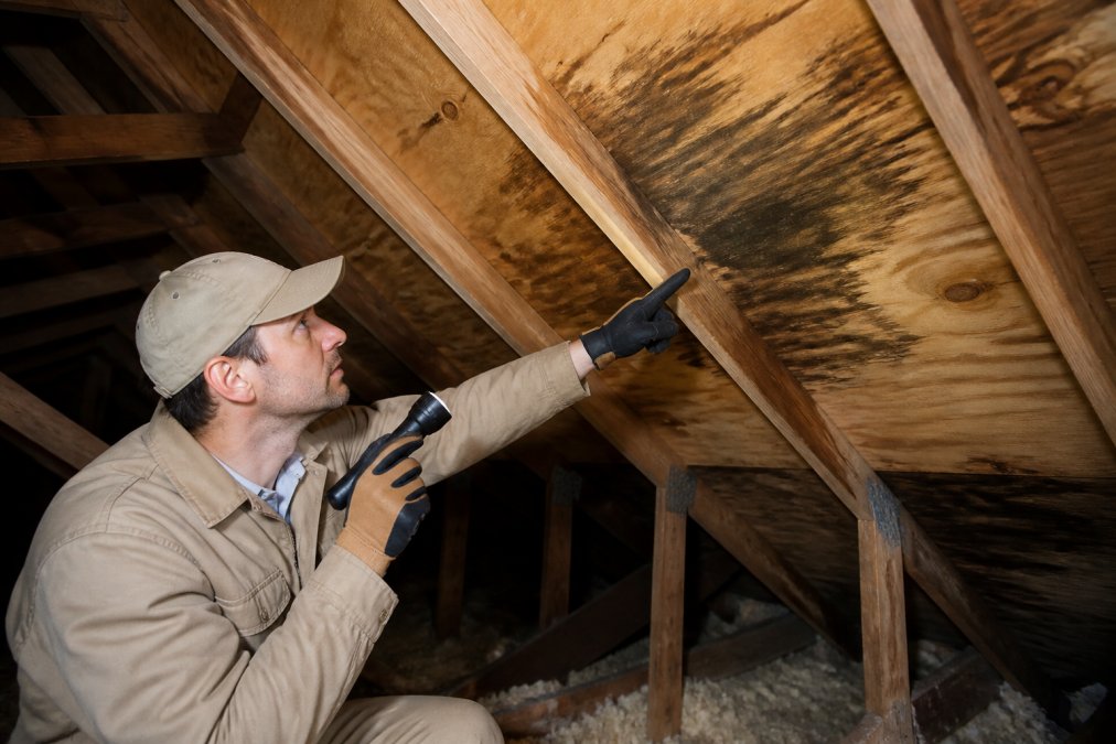 A homeowner in work clothes standing in an attic with a flashlight, pointing at a dark water stain on the wooden roof decking while looking up at the rafters