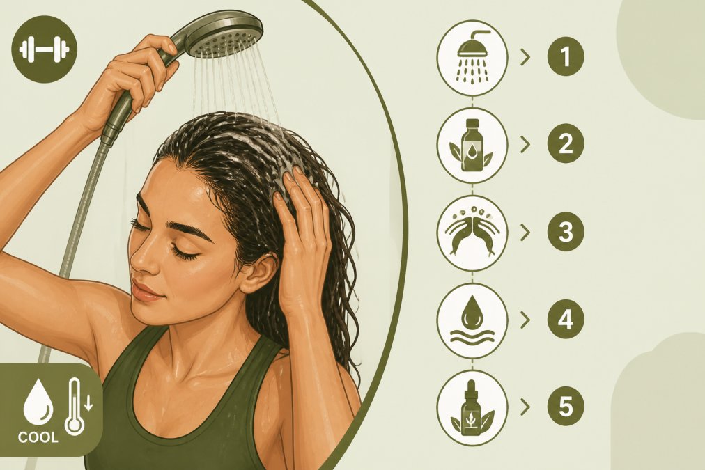 Woman rinsing her hair with cool water in a modern bathroom after a workout, water cascading down her shoulders, natural lighting from window