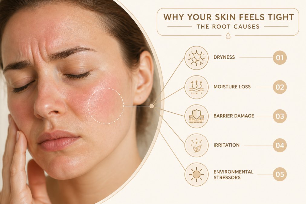 Close-up of a person's face showing visible skin tightness and discomfort, with slight redness around the cheeks and forehead, natural window lighting highlighting skin texture and fine lines