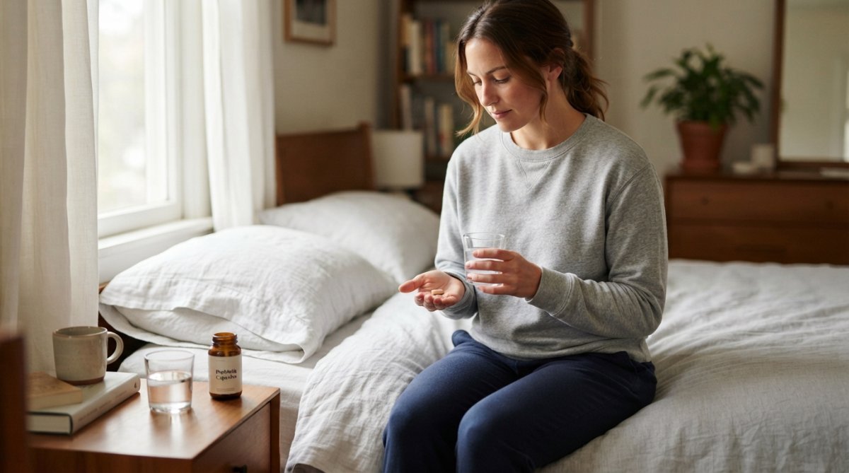 Woman in cotton loungewear holding water and a supplement to address a vagina smell off naturally.