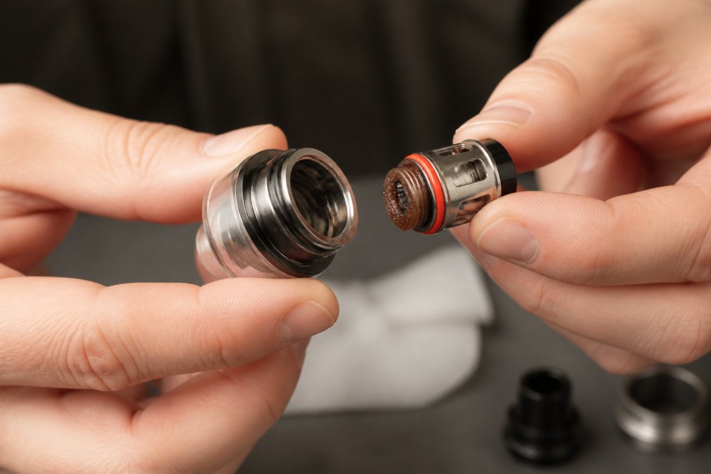Diagram showing the process of removing a flooded coil to provide vape spitback solutions by clearing excess liquid.