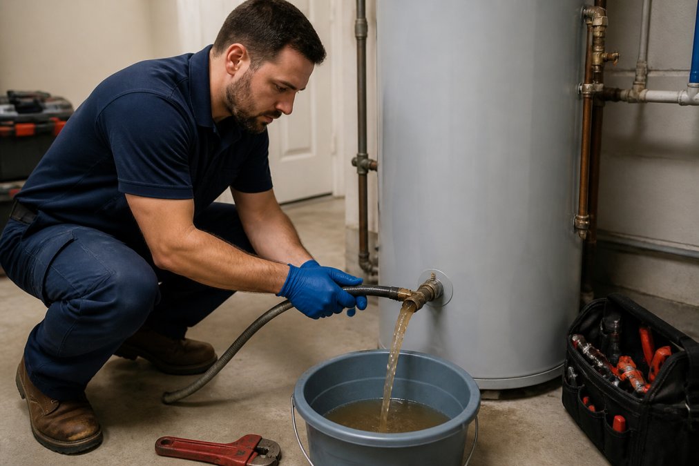 A licensed plumber in uniform flushing a residential water heater tank in a clean utility room, using a hose to drain sediment into a bucket, with tools nearby