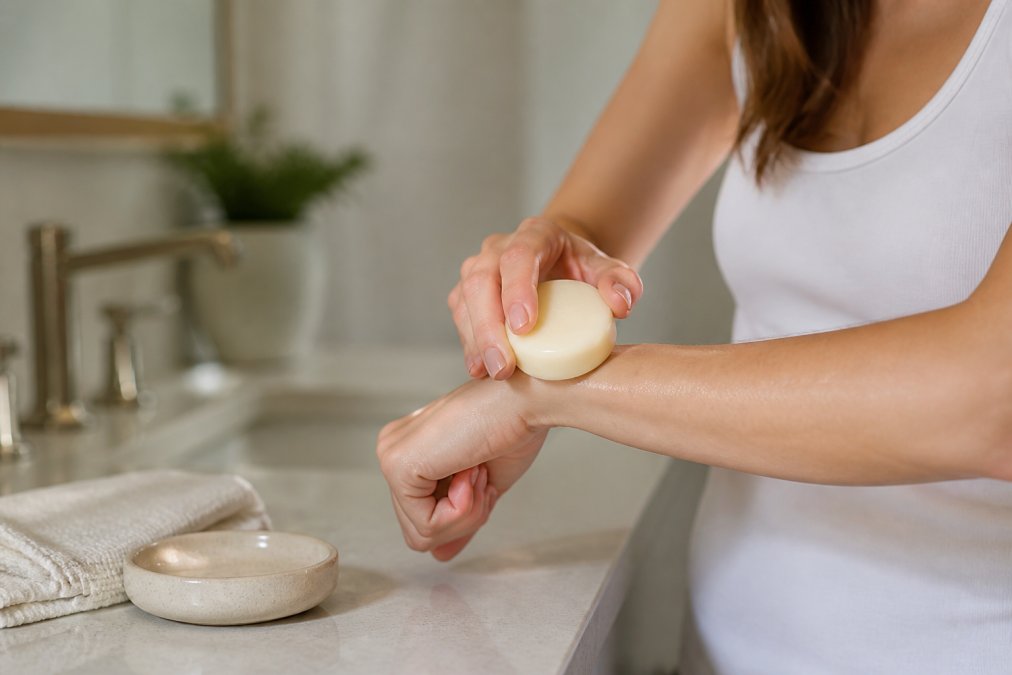Close-up of a woman's hands smoothing a solid shea butter lotion bar over her forearm in a softly lit bathroom, with a small ceramic dish and folded linen towel on the counter