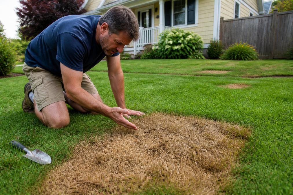 A homeowner kneeling on a lawn, examining a brown patch of new sod with a hand trowel nearby, showing the contrast between healthy green sod and dead brown sections in a residential yard