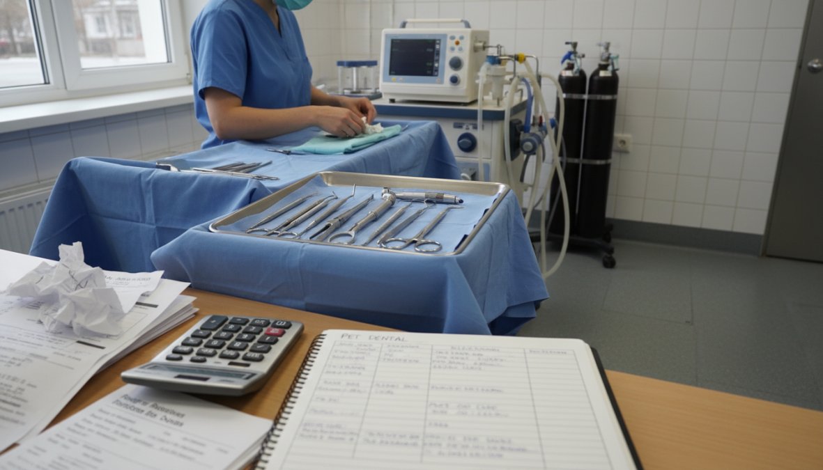 Professional illustration showing veterinary and technician and scrubs concepts for why does pet dental cost so much