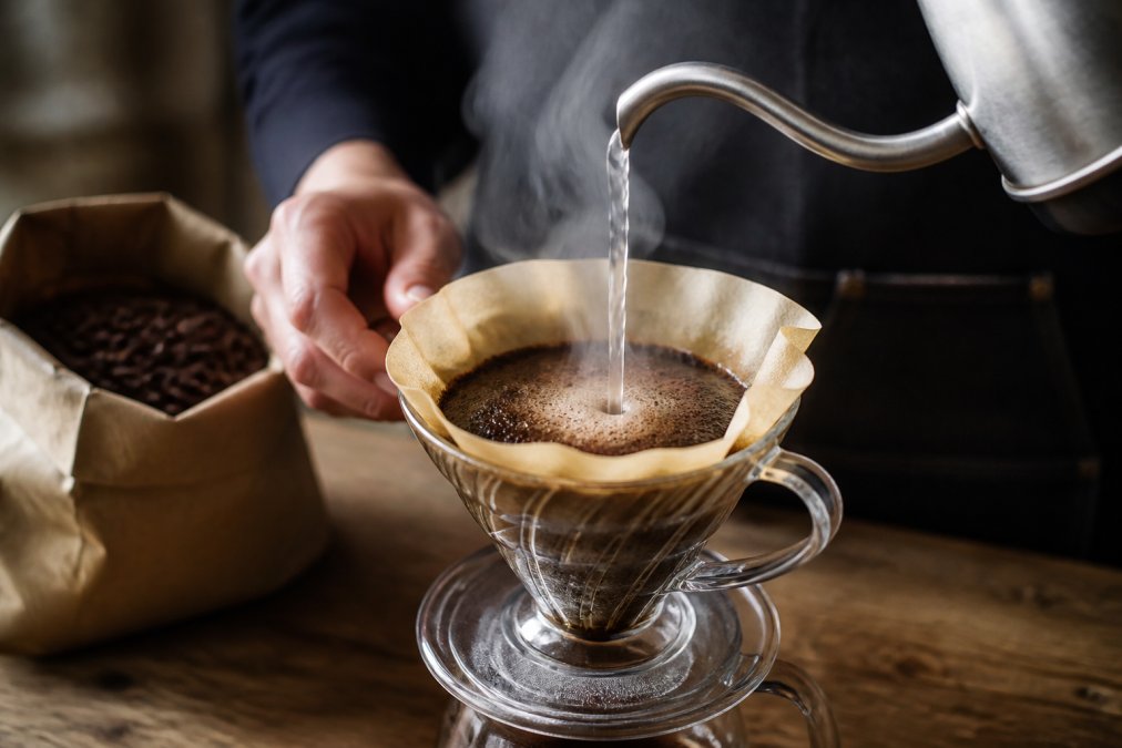 A close-up of a hand pouring hot water over coffee grounds in a glass pour-over brewer, with steam rising and a bag of coffee beans nearby
