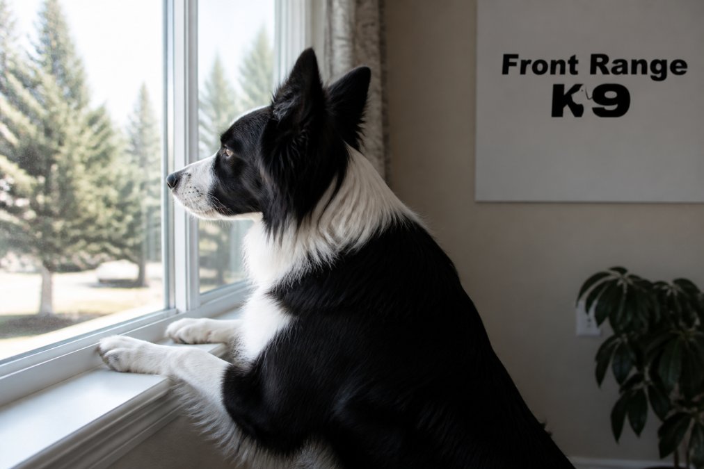 Dog looking out a window at outdoor scenery, ears alert, demonstrating focused attention toward outside stimuli with natural daylight streaming through glass
