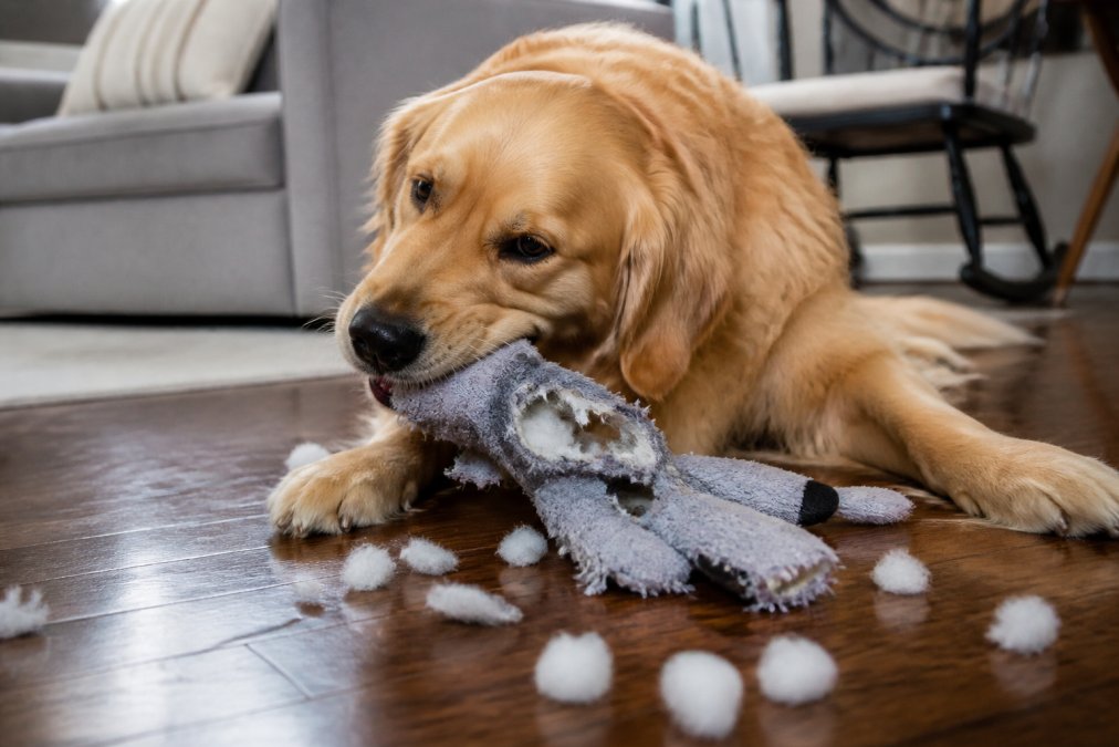 Golden retriever intensely chewing and shredding a toy on a living room floor, showing destructive behavior in action