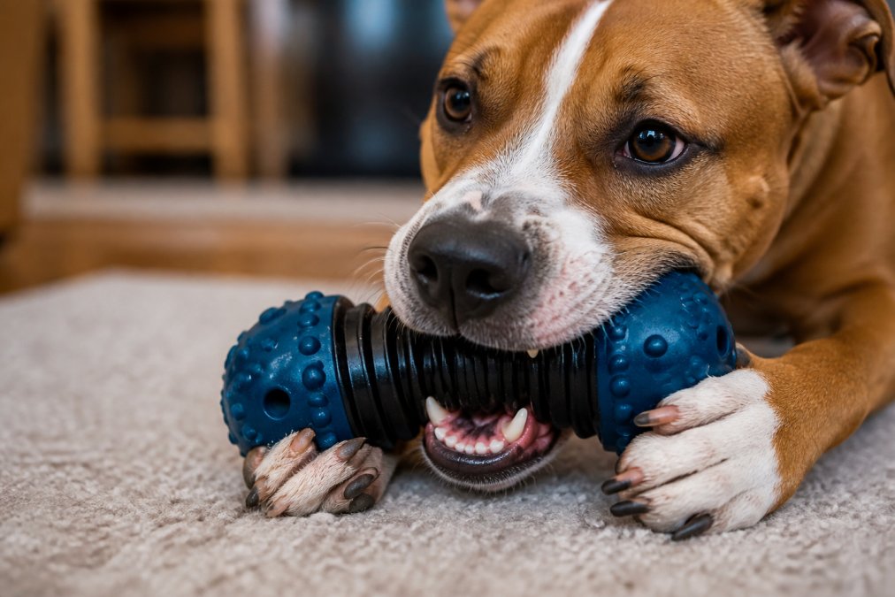 Close-up of a dog's mouth gripping a heavy-duty nylon and rubber toy, demonstrating aggressive chewing engagement