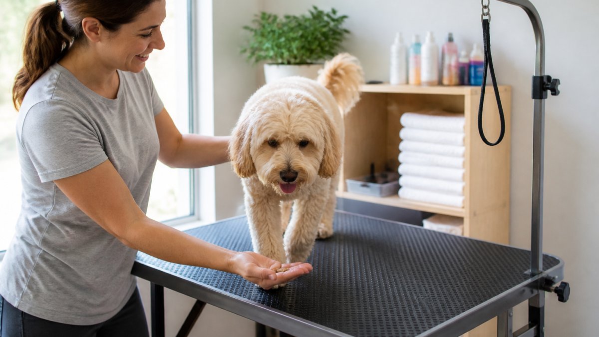 Owner gently guiding a calm dog onto a grooming table with nonslip rubber surface, hands offering treats nearby, showing relaxed positive grooming environment with natural lighting