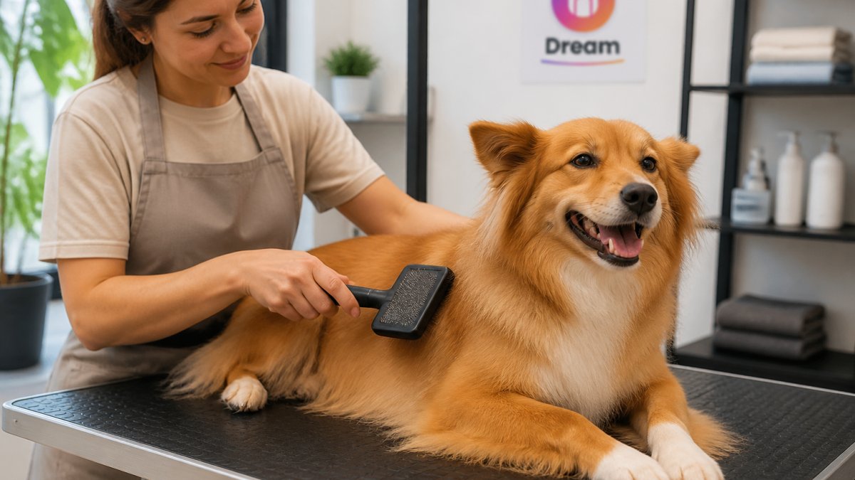 Person gently brushing a dog's coat with a slicker brush using light pressure, showing proper hand position and technique with the dog relaxed on a grooming table
