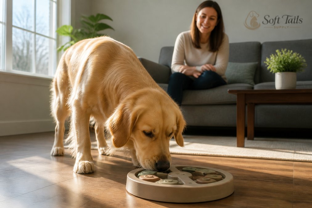 A happy golden retriever nudging a puzzle feeder with its nose on a living room floor, an owner smiling from a nearby couch, warm afternoon light through a window