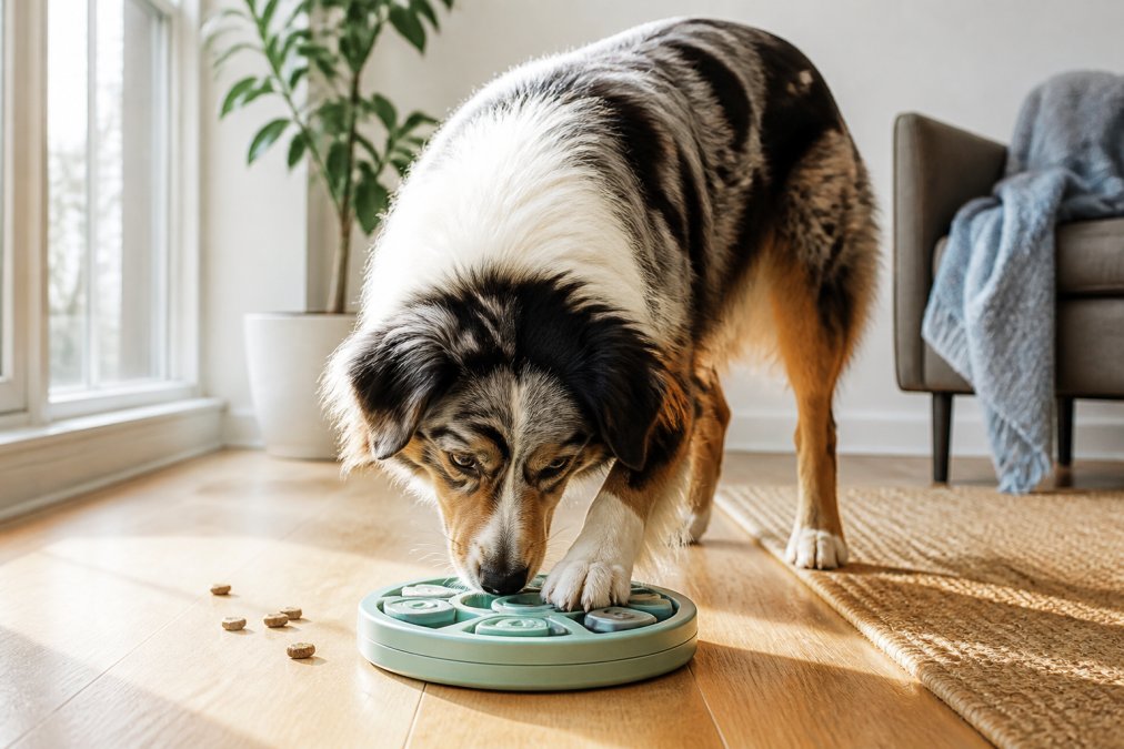 A dog actively engaged with a treat-dispensing puzzle toy on a living room floor, focused and manipulating the toy with their nose and paws, natural sunlight streaming through windows