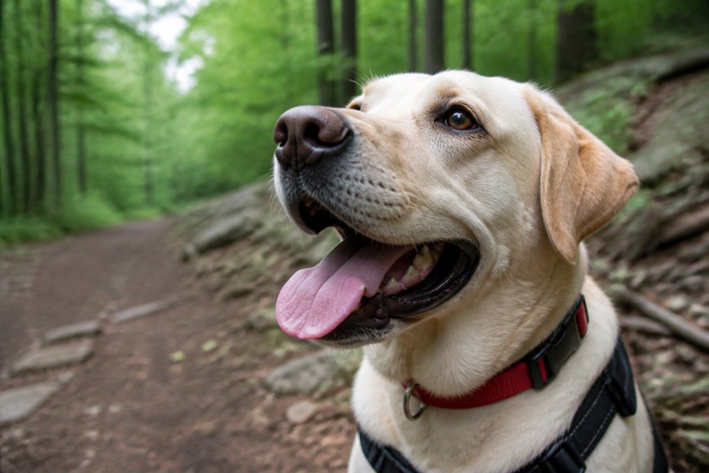 Close-up of a dog's face showing panting with visible tongue and alert expression during outdoor hiking activity, with blurred forest trail in background
