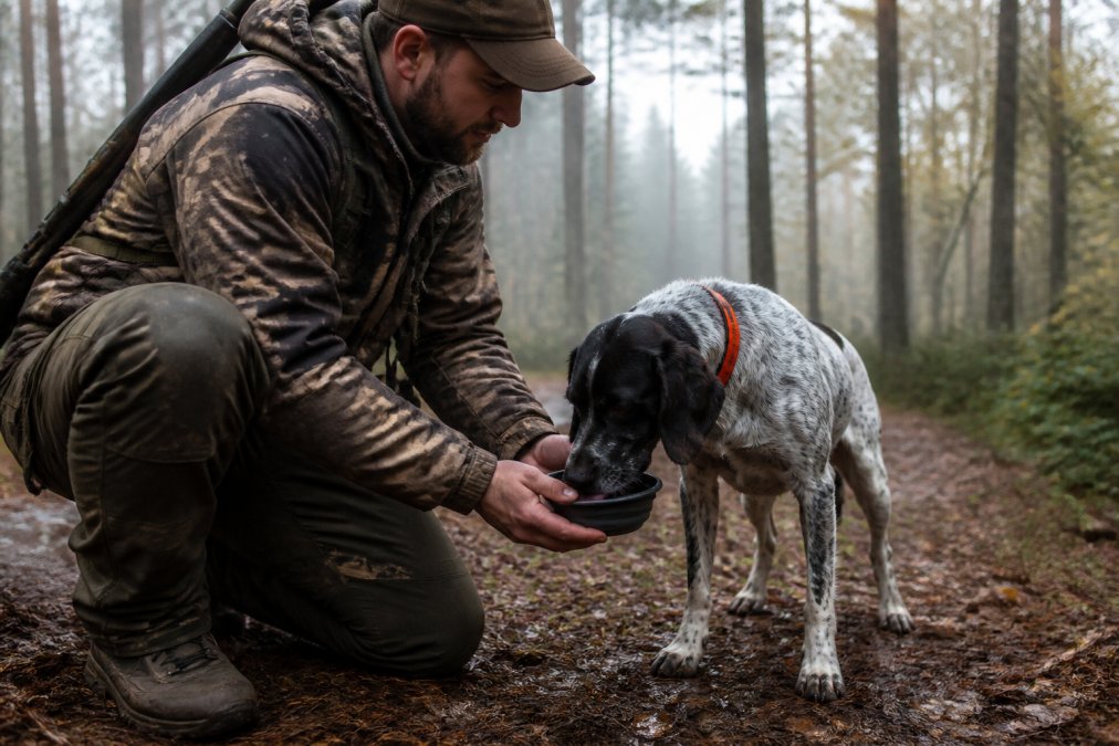Hunter with a working dog on a trail taking a water break, dog drinking from a portable collapsible bowl held in the owner's hands, misty morning forest setting