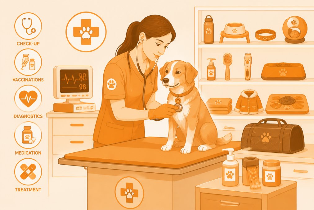 Veterinary professional examining a rescue dog on an examination table in a clinical setting, with medical equipment and shelves of supplies visible in the background, using a stethoscope with focused attention