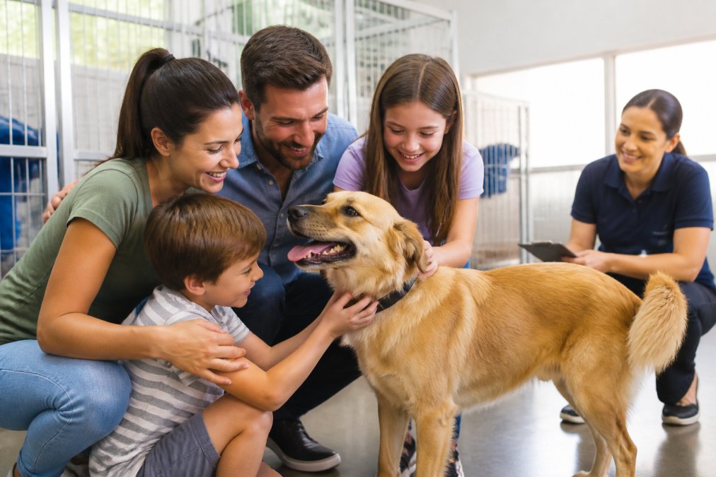 A family of four meeting a rescue dog for the first time in a bright shelter environment, showing genuine emotional connection and joy, with the dog's tail visible and staff member in the background smiling